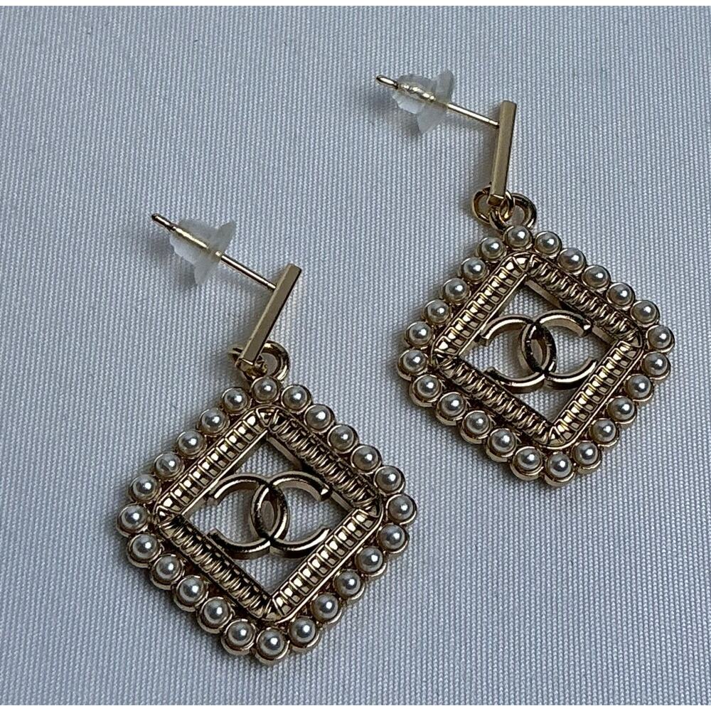 Pearl Gold Rectangle Posts Dangle Earrings Chanel